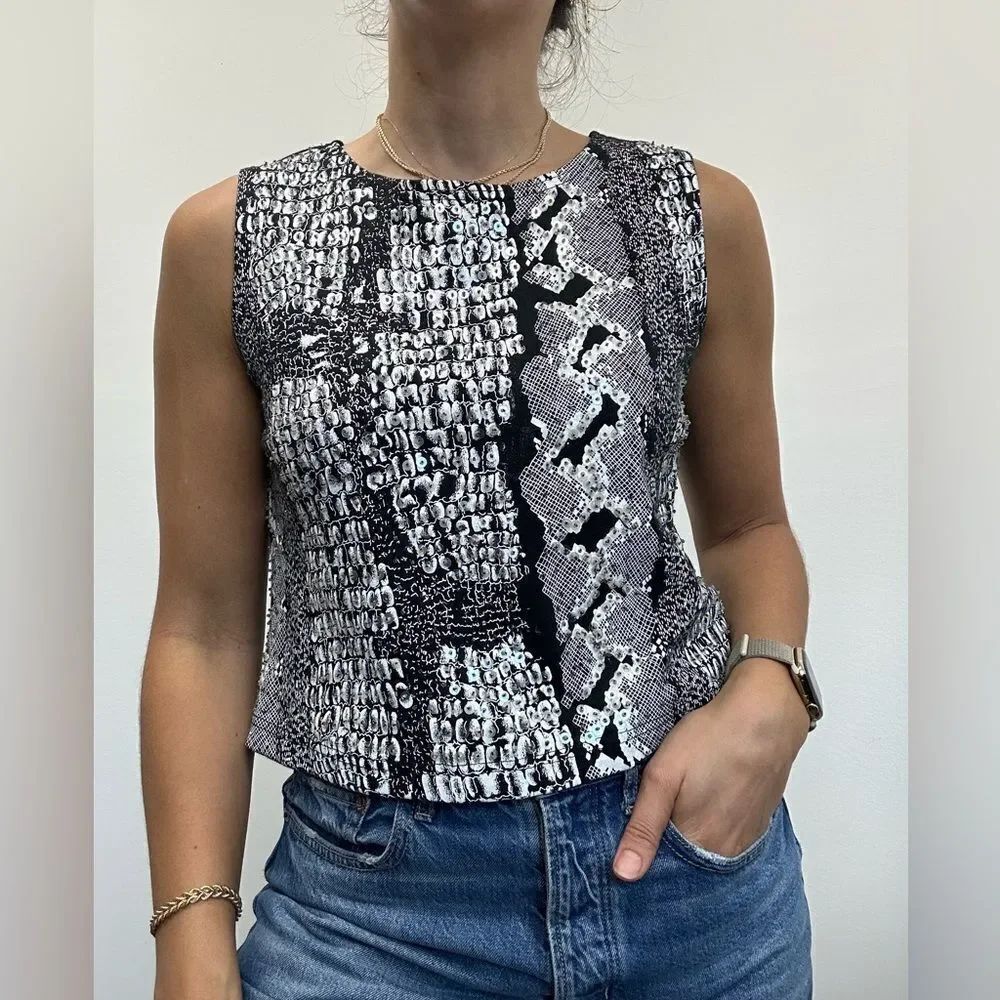 Vintage 90’s Beaded Snakeskin Reptile Black & White Cotton Boxy Tank Top Size M